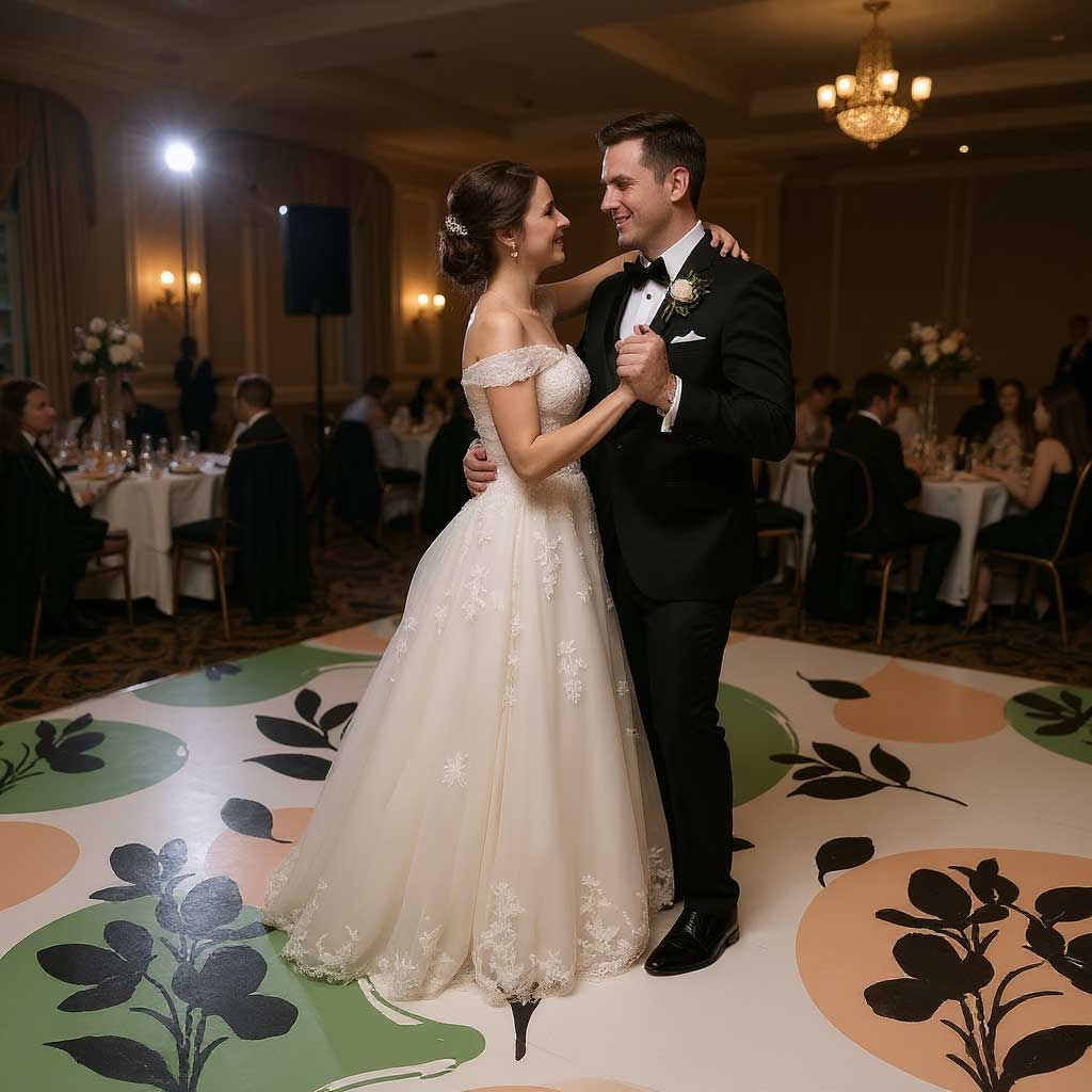 bride and groom dancing on a custom floral wedding dance floor centerpiece by The Dancefloor Project
